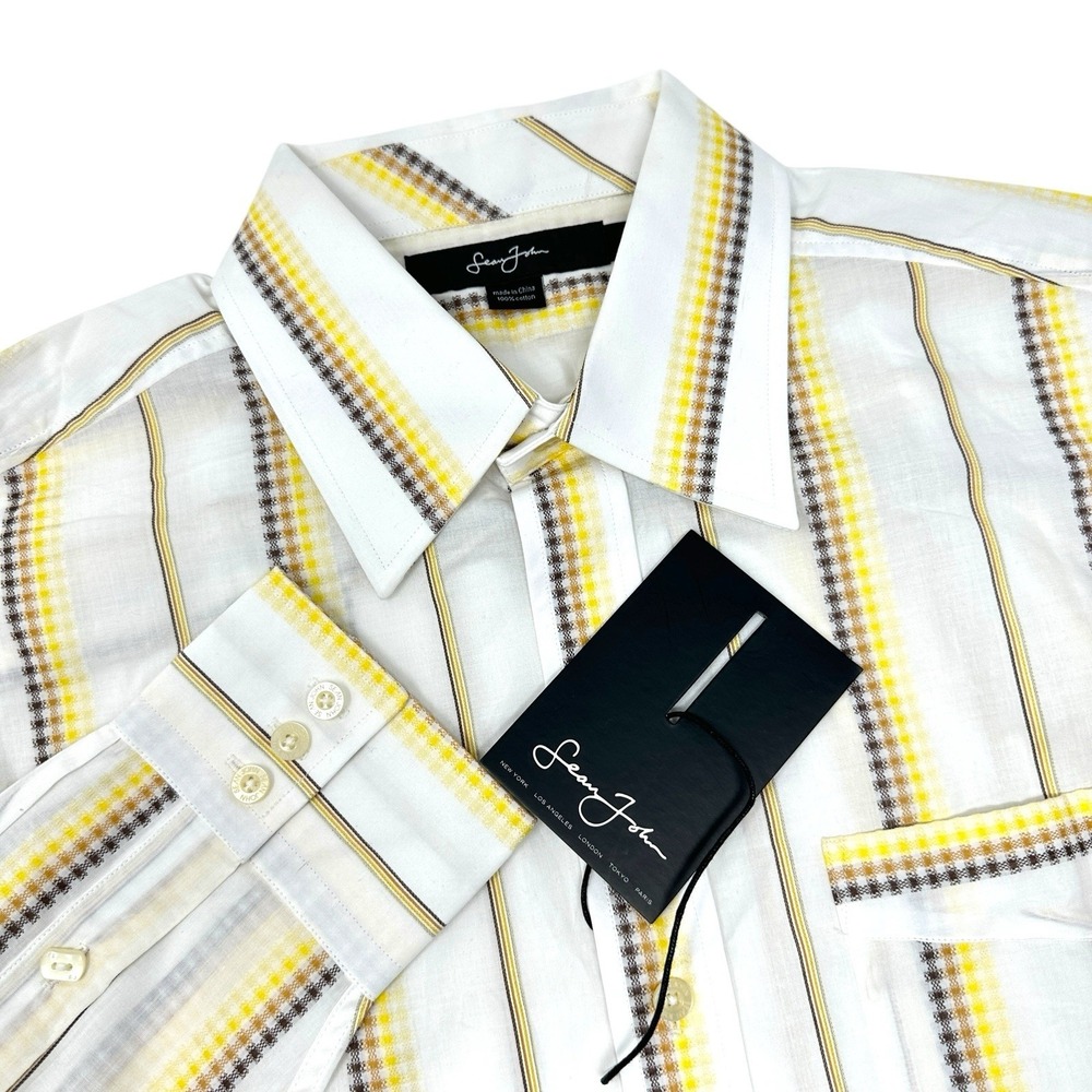SEAN JOHN‎ White Long Sleeve Dress Shirt Brown Yellow Stripes Hip Hop NWT Large